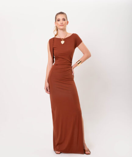 Maxi Dress with Pleats - Brown